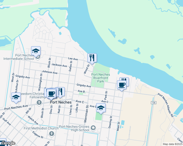 map of restaurants, bars, coffee shops, grocery stores, and more near 701 Riley Street in Port Neches