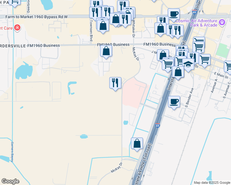 map of restaurants, bars, coffee shops, grocery stores, and more near in Humble