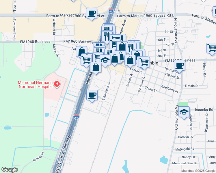 map of restaurants, bars, coffee shops, grocery stores, and more near 438 South Bender Avenue in Humble