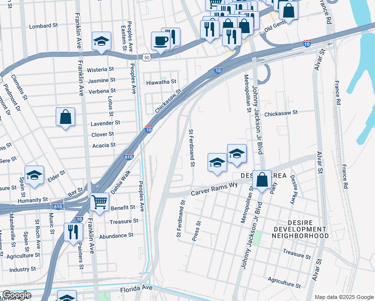 map of restaurants, bars, coffee shops, grocery stores, and more near 3533 Saint Ferdinand Street in New Orleans