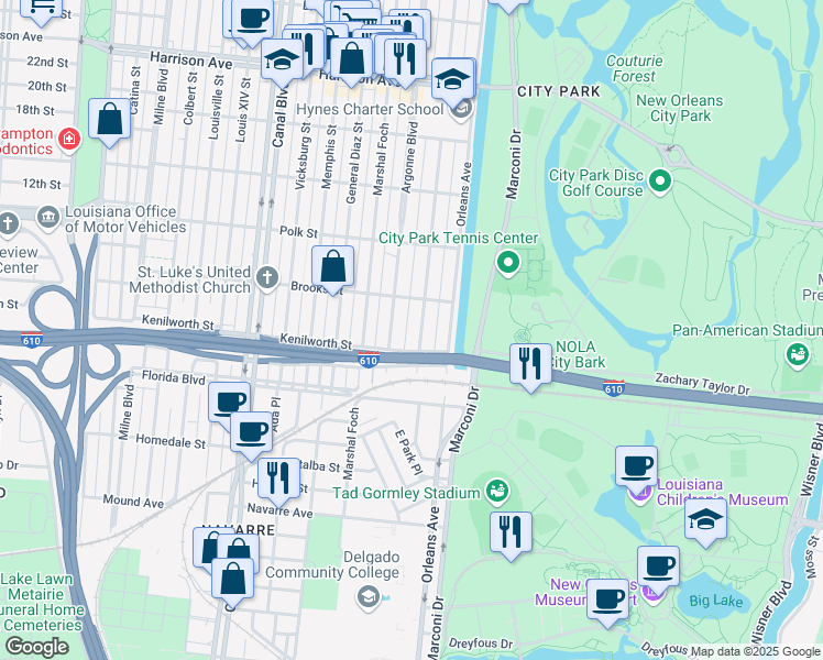 map of restaurants, bars, coffee shops, grocery stores, and more near 5819 Argonne Boulevard in New Orleans