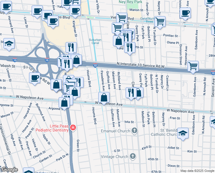 map of restaurants, bars, coffee shops, grocery stores, and more near 2304 Giuffrias Avenue in Metairie