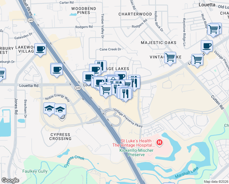 map of restaurants, bars, coffee shops, grocery stores, and more near 134 C Vintage Park Boulevard in Houston