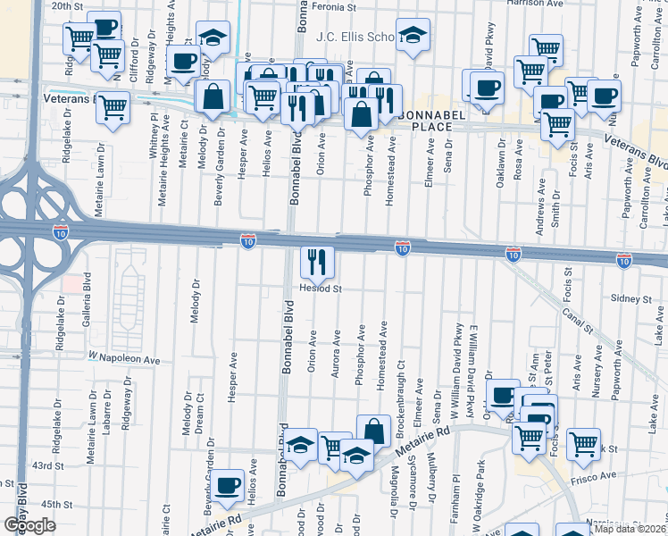 map of restaurants, bars, coffee shops, grocery stores, and more near 514 Aurora Avenue in Metairie