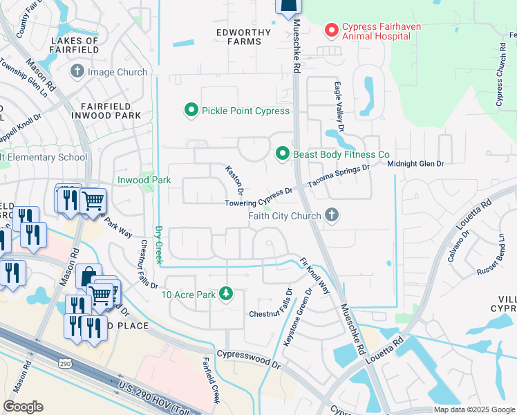 map of restaurants, bars, coffee shops, grocery stores, and more near 20119 Towering Cypress Drive in Cypress