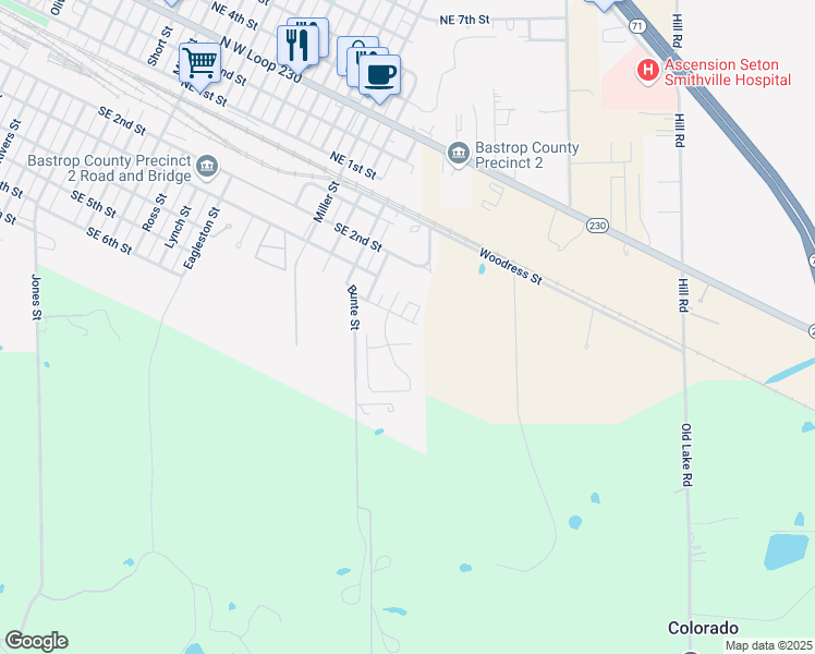 map of restaurants, bars, coffee shops, grocery stores, and more near 1706 Southeast 4th Street in Smithville