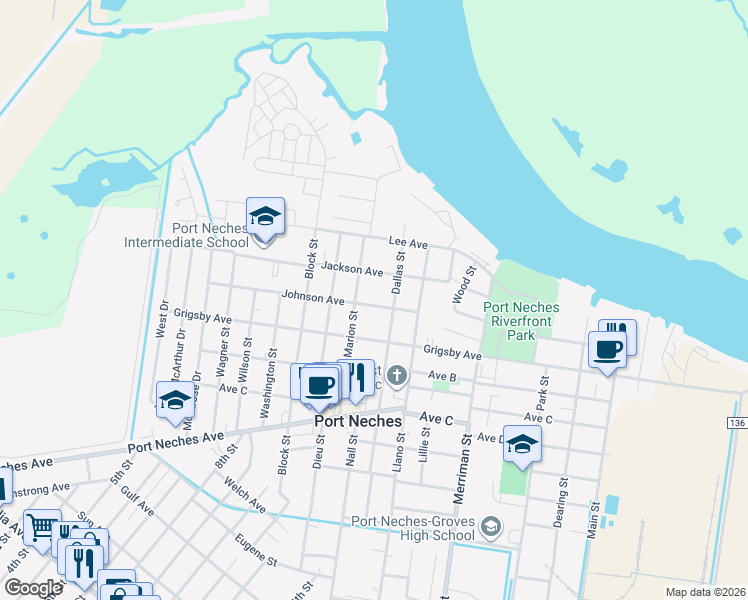 map of restaurants, bars, coffee shops, grocery stores, and more near 901 Marion Street in Port Neches
