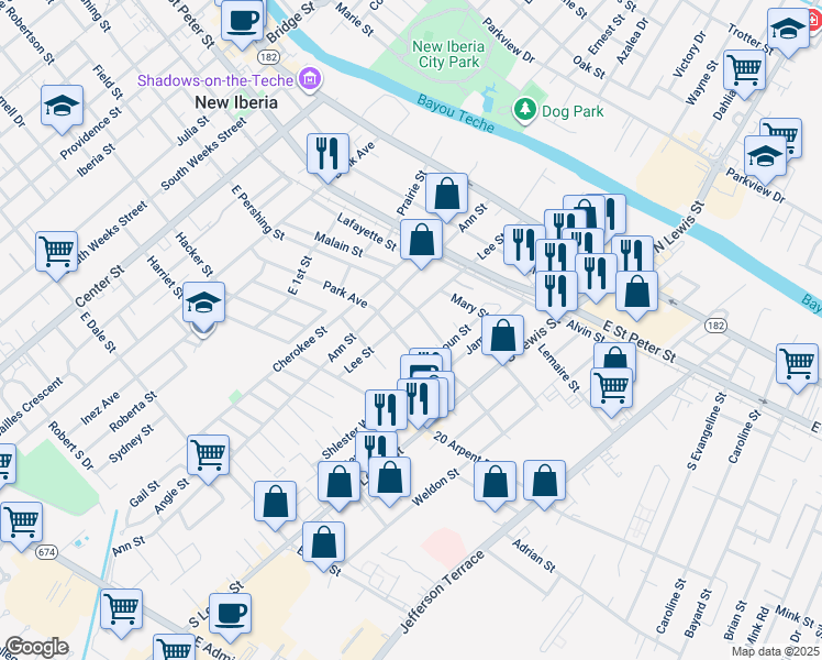 map of restaurants, bars, coffee shops, grocery stores, and more near 500 Lee Street in New Iberia