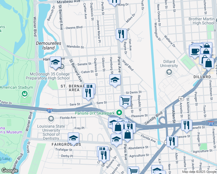 map of restaurants, bars, coffee shops, grocery stores, and more near 1530 Milton Street in New Orleans