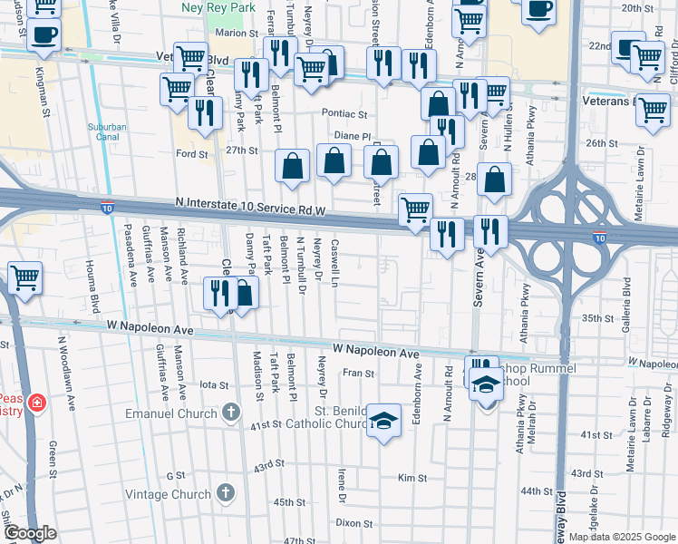 map of restaurants, bars, coffee shops, grocery stores, and more near 2412 Caswell Ln in Metairie