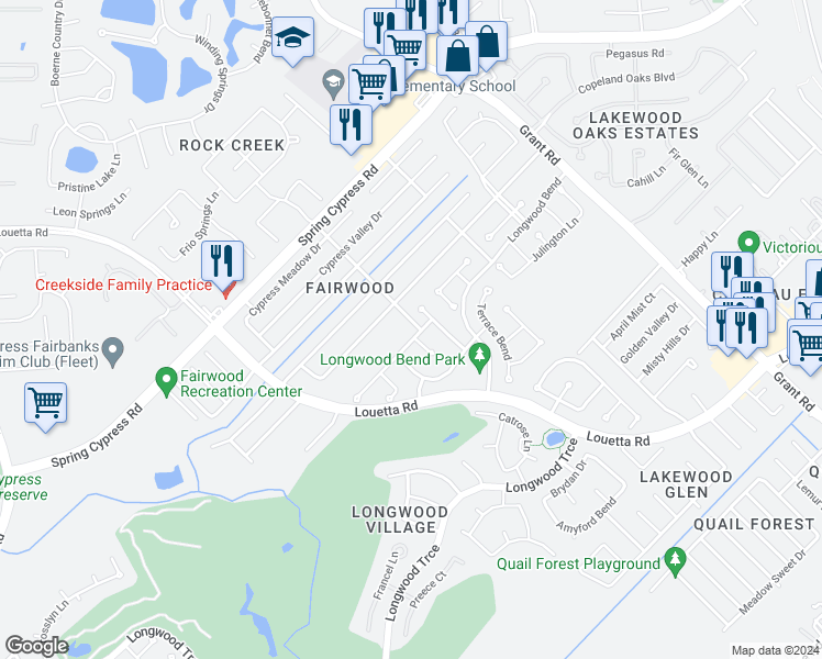 map of restaurants, bars, coffee shops, grocery stores, and more near 14414 Kentley Orchard Lane in Cypress