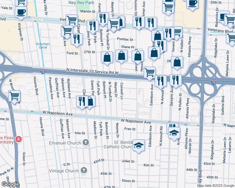 map of restaurants, bars, coffee shops, grocery stores, and more near 2412 Caswell Lane in Metairie