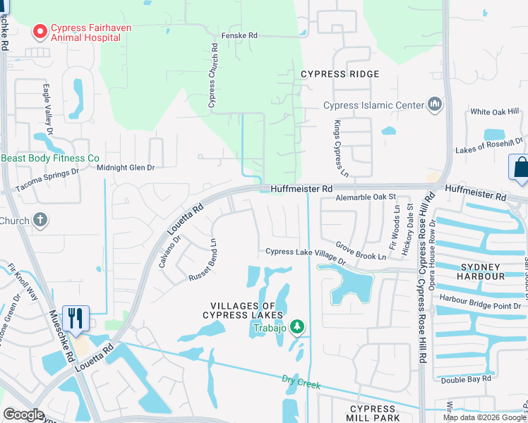 map of restaurants, bars, coffee shops, grocery stores, and more near 15414 Elm Square Street in Cypress