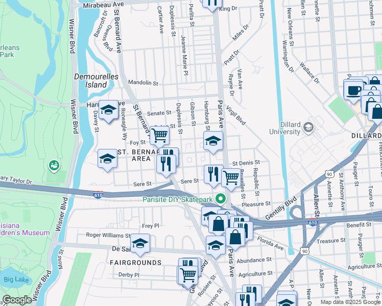 map of restaurants, bars, coffee shops, grocery stores, and more near 1470 Milton Street in New Orleans