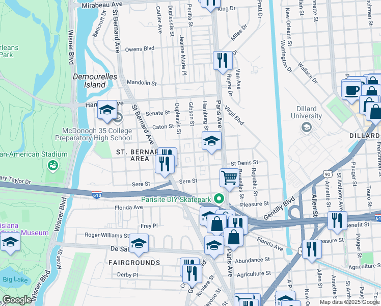 map of restaurants, bars, coffee shops, grocery stores, and more near 1476 Milton Street in New Orleans