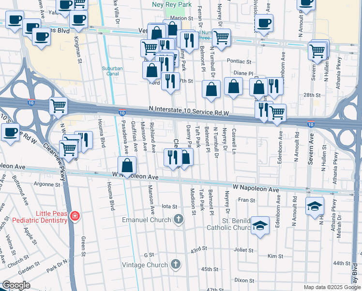 map of restaurants, bars, coffee shops, grocery stores, and more near 2305 Cleary Avenue in Metairie