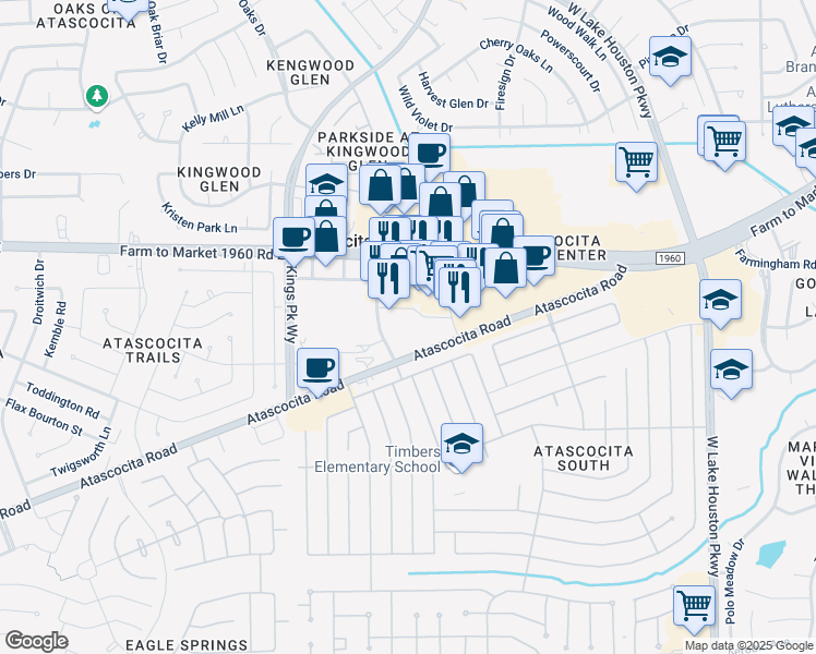 map of restaurants, bars, coffee shops, grocery stores, and more near 6909 Atascocita Road in Humble
