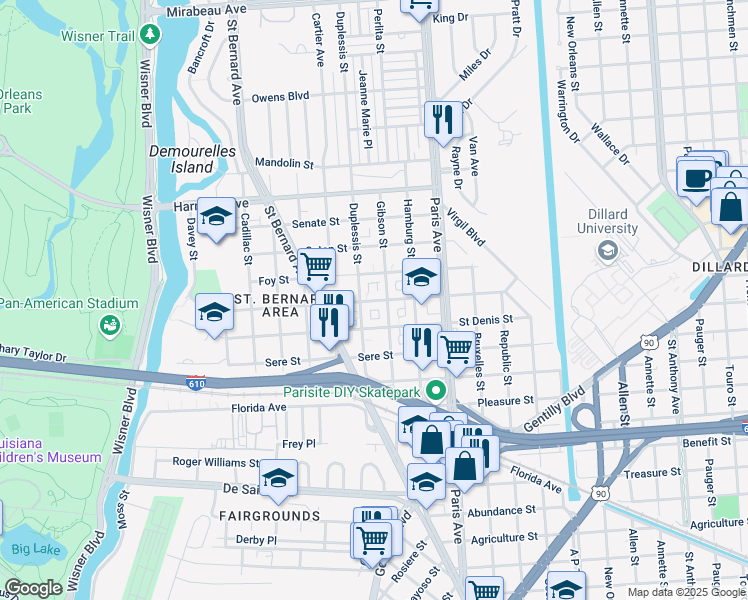 map of restaurants, bars, coffee shops, grocery stores, and more near 1461 Milton Street in New Orleans