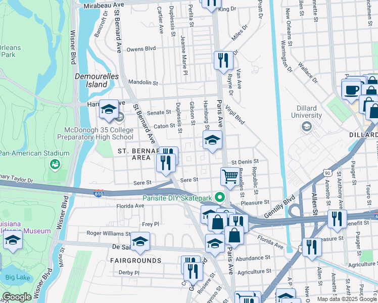map of restaurants, bars, coffee shops, grocery stores, and more near 1463 Milton Street in New Orleans