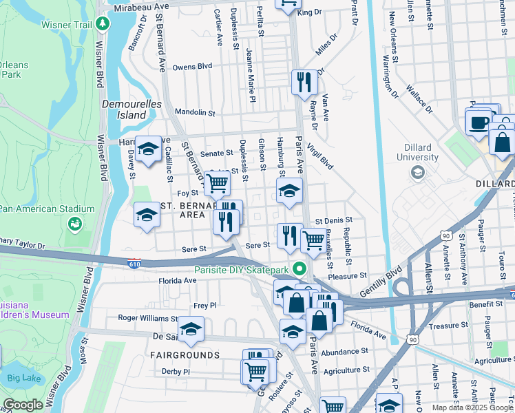 map of restaurants, bars, coffee shops, grocery stores, and more near 1465 Milton Street in New Orleans
