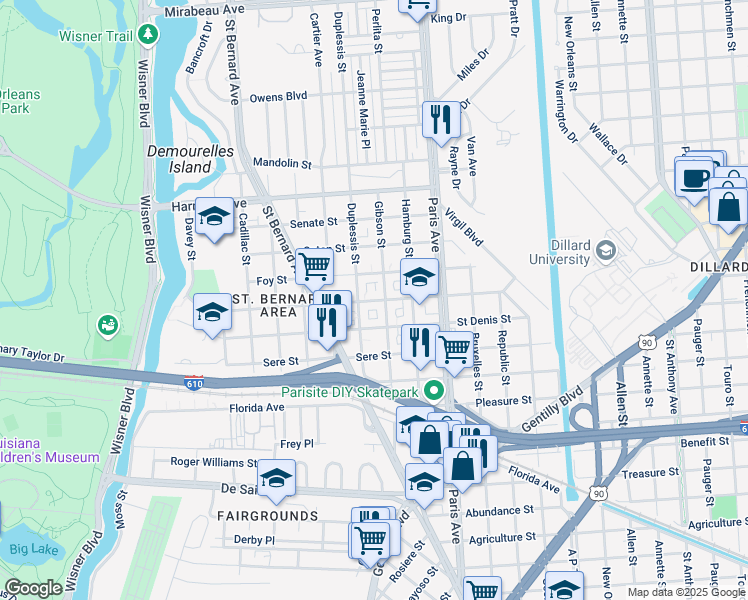 map of restaurants, bars, coffee shops, grocery stores, and more near 1467 Milton Street in New Orleans