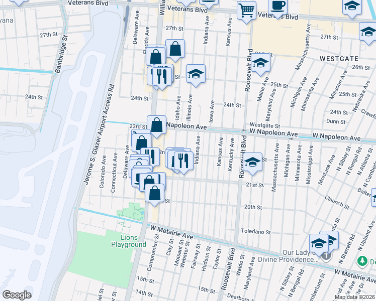 map of restaurants, bars, coffee shops, grocery stores, and more near 2119 Illinois Avenue in Kenner