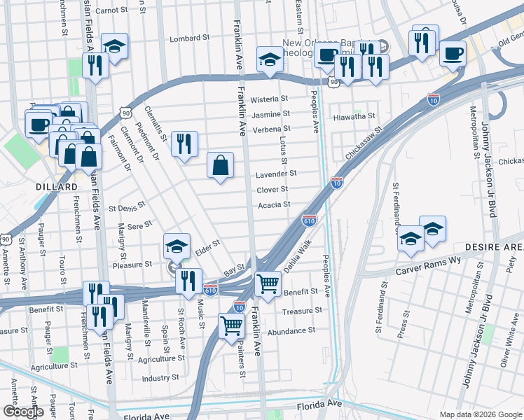 map of restaurants, bars, coffee shops, grocery stores, and more near 3613 Franklin Avenue in New Orleans