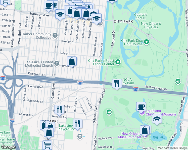 map of restaurants, bars, coffee shops, grocery stores, and more near 5819 General Haig Street in New Orleans