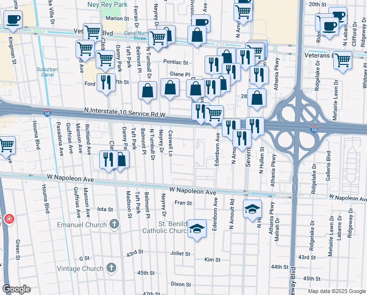 map of restaurants, bars, coffee shops, grocery stores, and more near 3711 Alton Street in Metairie