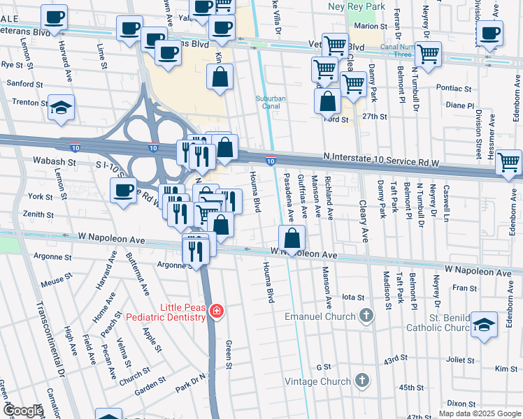 map of restaurants, bars, coffee shops, grocery stores, and more near 2408 Houma Boulevard in Metairie