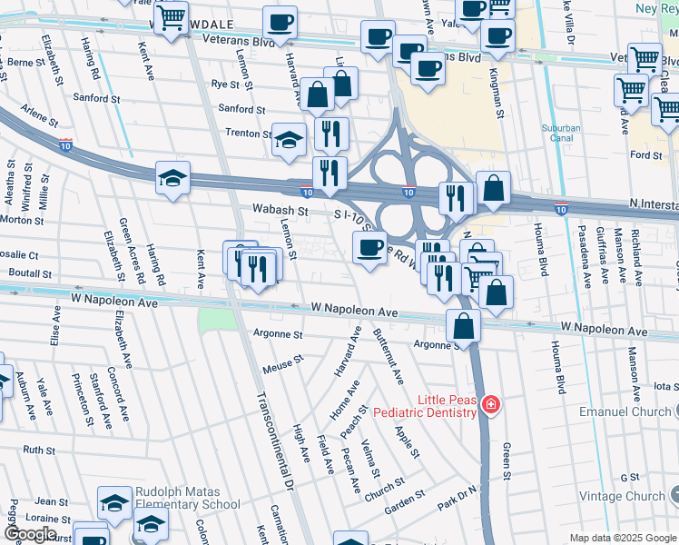 map of restaurants, bars, coffee shops, grocery stores, and more near 4805 Zenith Street in Metairie