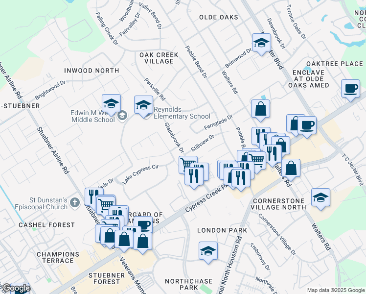 map of restaurants, bars, coffee shops, grocery stores, and more near 14807 Gladebrook Drive in Houston