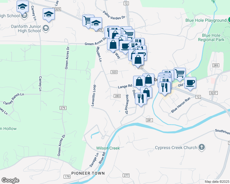 map of restaurants, bars, coffee shops, grocery stores, and more near 200-202 Twin Mountain in Wimberley