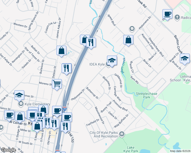 map of restaurants, bars, coffee shops, grocery stores, and more near 401 Philomena Drive in Kyle
