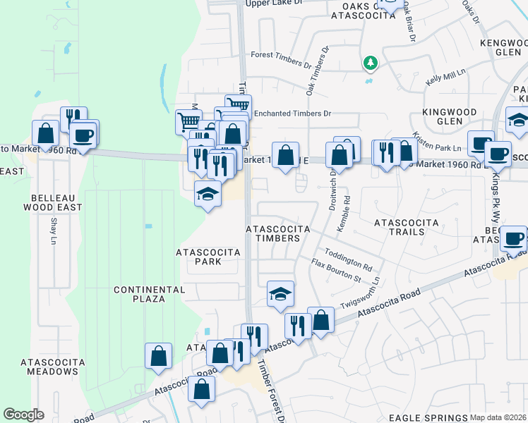 map of restaurants, bars, coffee shops, grocery stores, and more near 5415 Woodmancote Drive in Humble