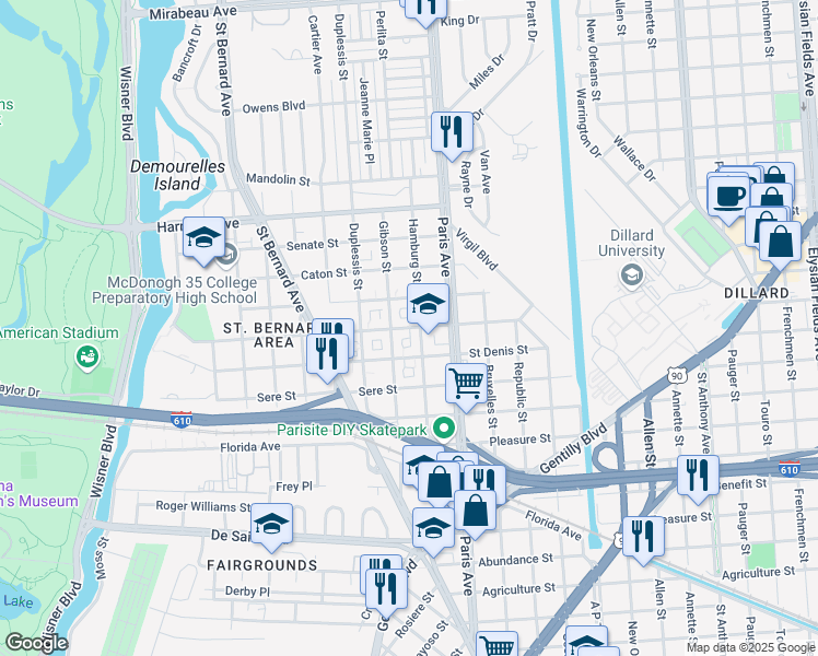 map of restaurants, bars, coffee shops, grocery stores, and more near 1530 Milton Street in New Orleans