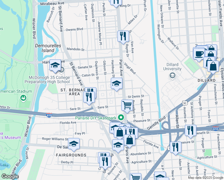 map of restaurants, bars, coffee shops, grocery stores, and more near 1534 Milton Street in New Orleans