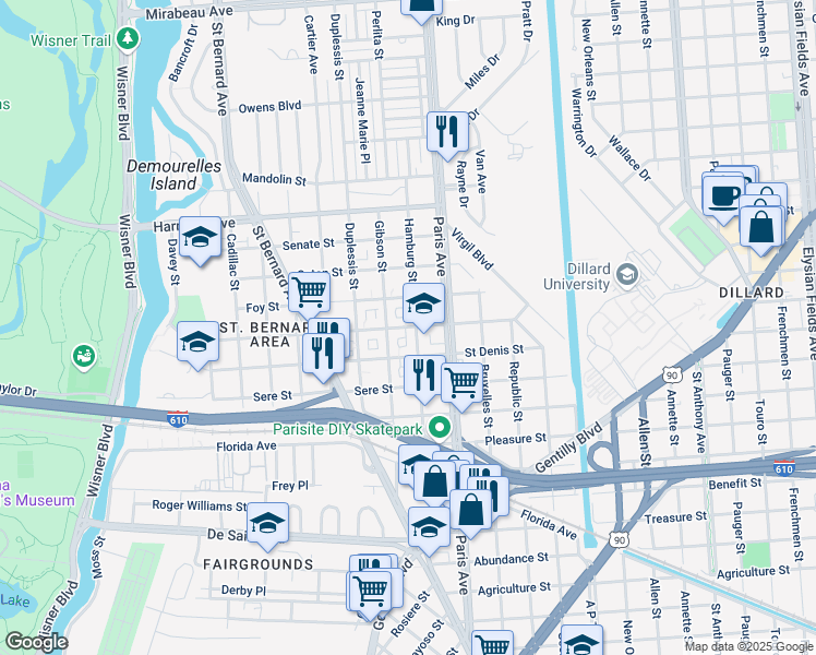 map of restaurants, bars, coffee shops, grocery stores, and more near 1536 Milton Street in New Orleans