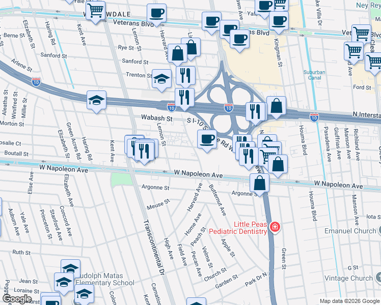 map of restaurants, bars, coffee shops, grocery stores, and more near 4805 Zenith Street in Metairie