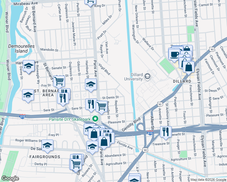 map of restaurants, bars, coffee shops, grocery stores, and more near 3719 Bruxelles Street in New Orleans