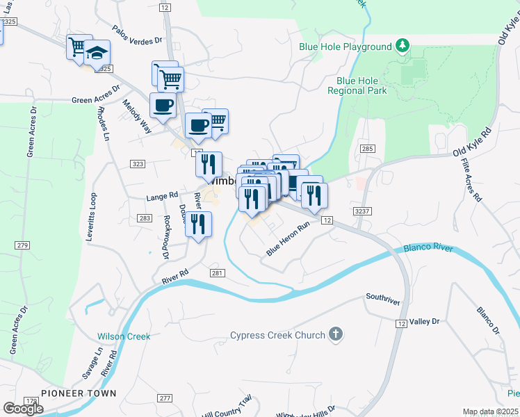 map of restaurants, bars, coffee shops, grocery stores, and more near 101 Wimberley Square in Wimberley