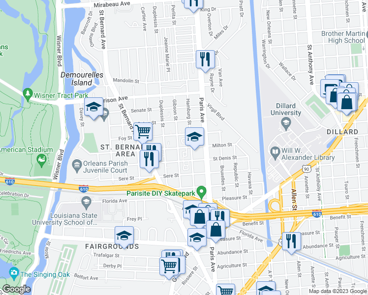 map of restaurants, bars, coffee shops, grocery stores, and more near 1535 Milton Street in New Orleans