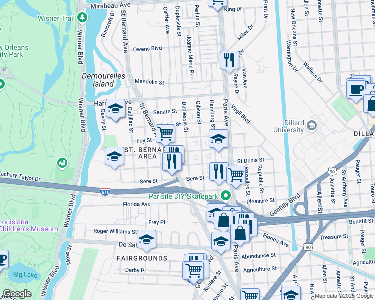 map of restaurants, bars, coffee shops, grocery stores, and more near 3813 Duplessis Street in New Orleans