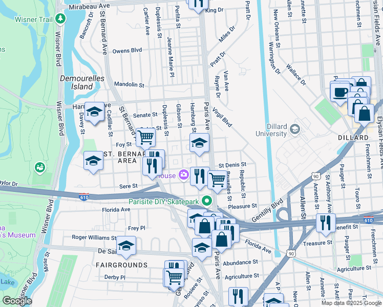 map of restaurants, bars, coffee shops, grocery stores, and more near 1543 Milton Street in New Orleans