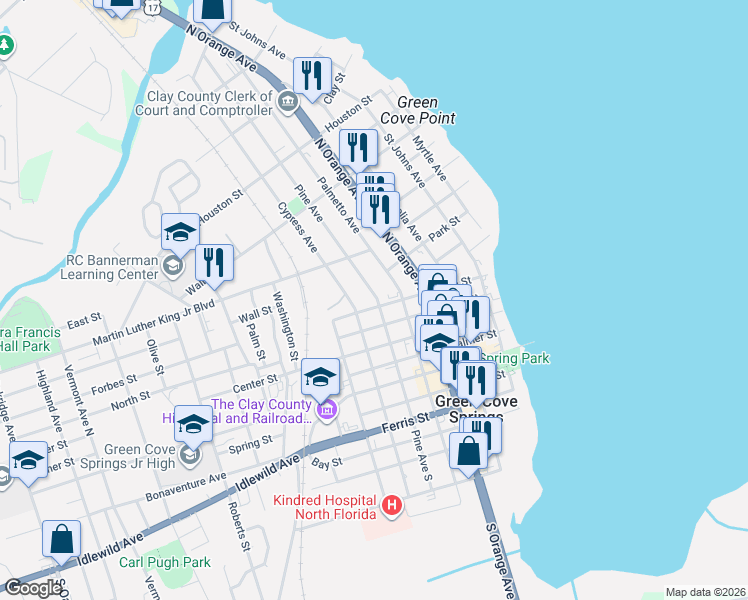 map of restaurants, bars, coffee shops, grocery stores, and more near in Green Cove Springs