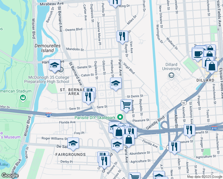 map of restaurants, bars, coffee shops, grocery stores, and more near 1537 Milton Street in New Orleans