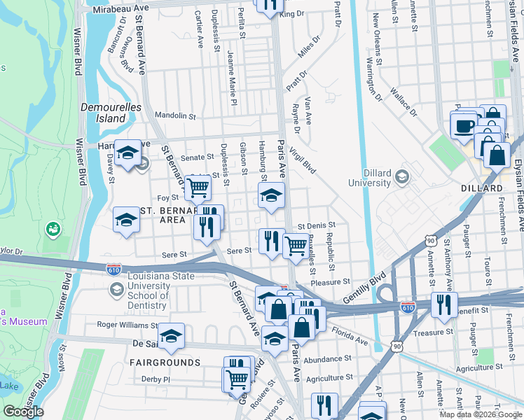 map of restaurants, bars, coffee shops, grocery stores, and more near 1539 Milton Street in New Orleans