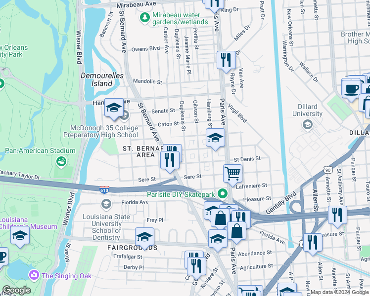 map of restaurants, bars, coffee shops, grocery stores, and more near 3815 Duplessis Street in New Orleans