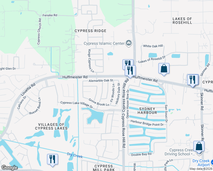 map of restaurants, bars, coffee shops, grocery stores, and more near 15515 Elm Leaf Place in Cypress