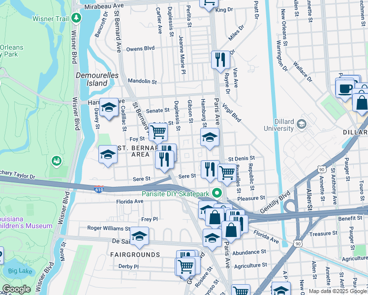 map of restaurants, bars, coffee shops, grocery stores, and more near 1463 Milton Street in New Orleans